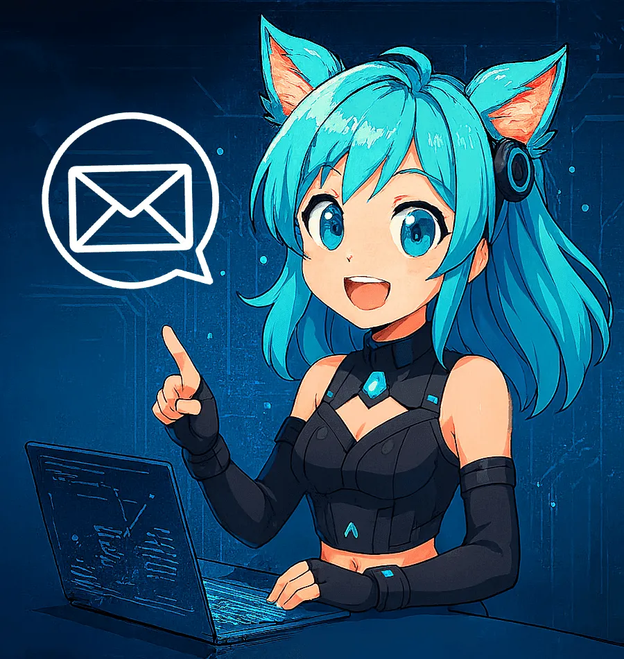 お問い合わせを案内するサイバー風の猫耳キャラクターイラスト