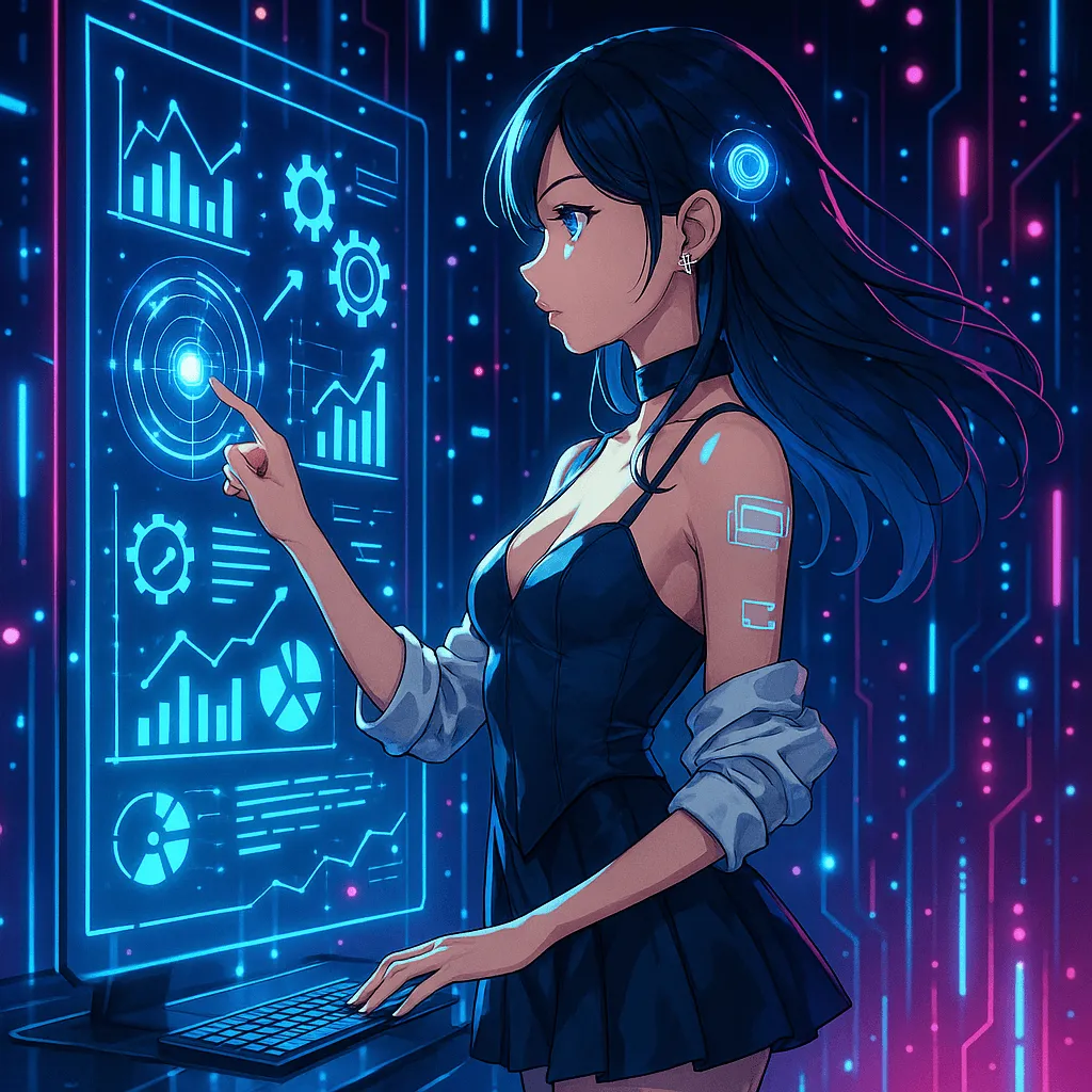 近未来的な操作パネルに触れながら、ホームページ制作を行うリナのイメージ