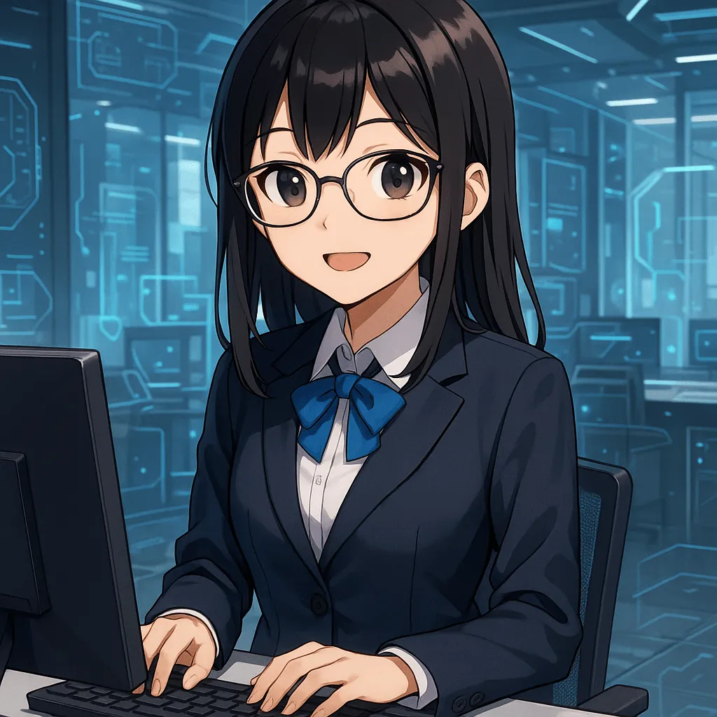 ホームページ制作をサポートする黒髪ロングで眼鏡の女性キャラクターイラスト