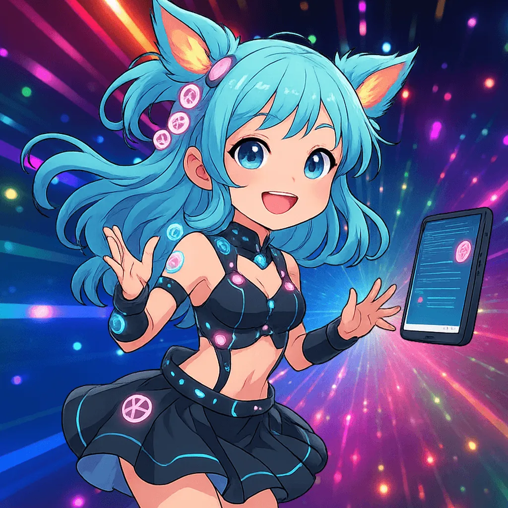 ホームページのマルチデバイス対応を案内するサイバー風の猫耳キャラクター