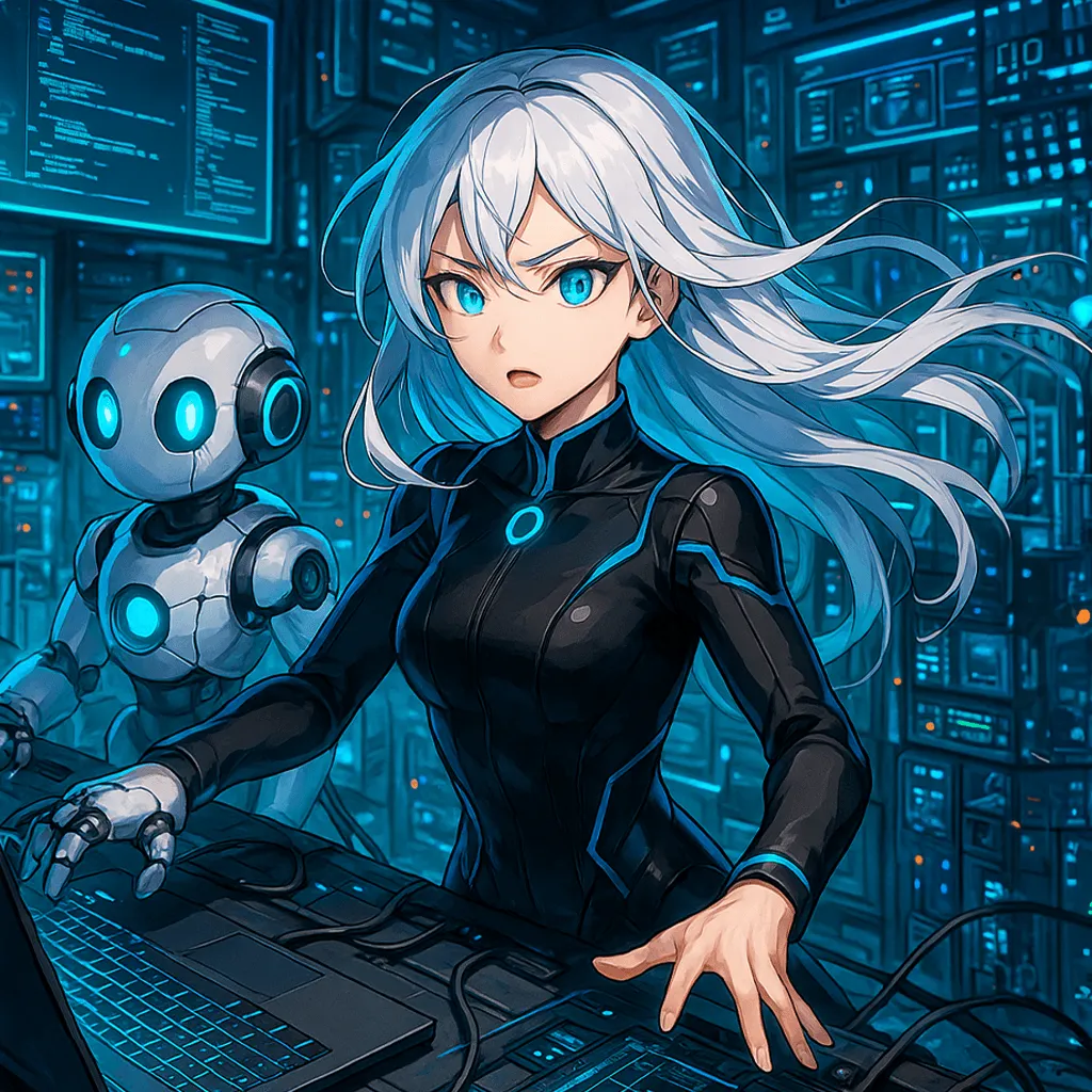 ホームページのSEO対策を行うサイバー風の女性キャラクターとロボットアシスタント