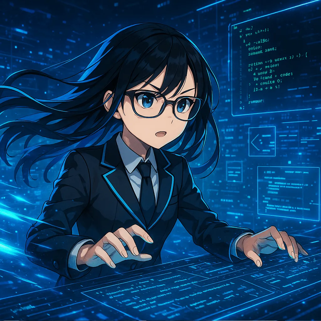 ホームページ構築にスピーディーに取り組む黒髪ロングで眼鏡の女性キャラ