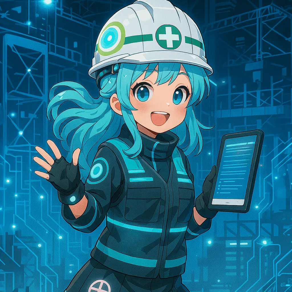 ヘルメットをかぶり、ホームページの保守・管理サポートを案内するサイバー風の猫耳キャラクター