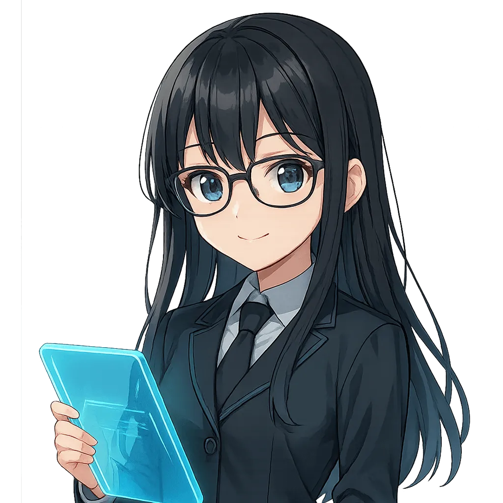 ホームページ制作について案内する黒髪ロングで眼鏡をかけた女性キャラクター